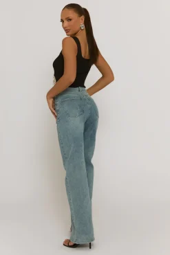 Rebellious Fashion Acid Wash Blue Asymmetric Waist Wide Leg Jeans - Christi