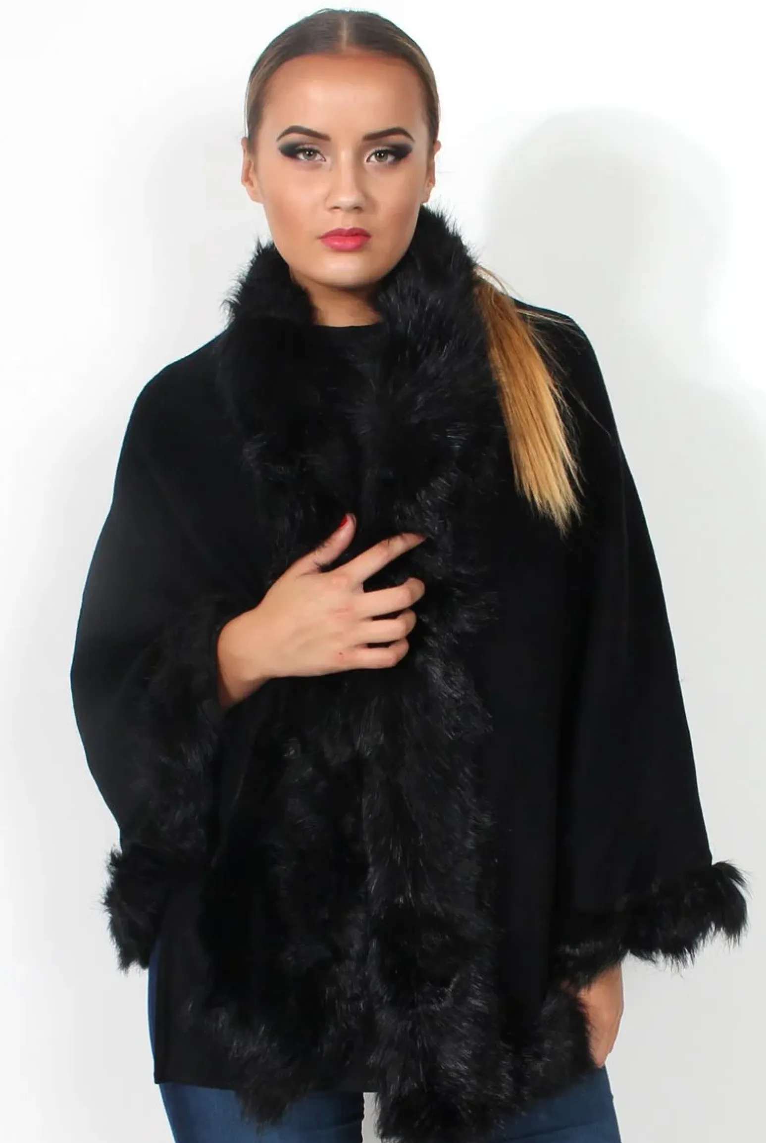 Rebellious Fashion Alena Black Faux Fur Over The Shoulder Jacket
