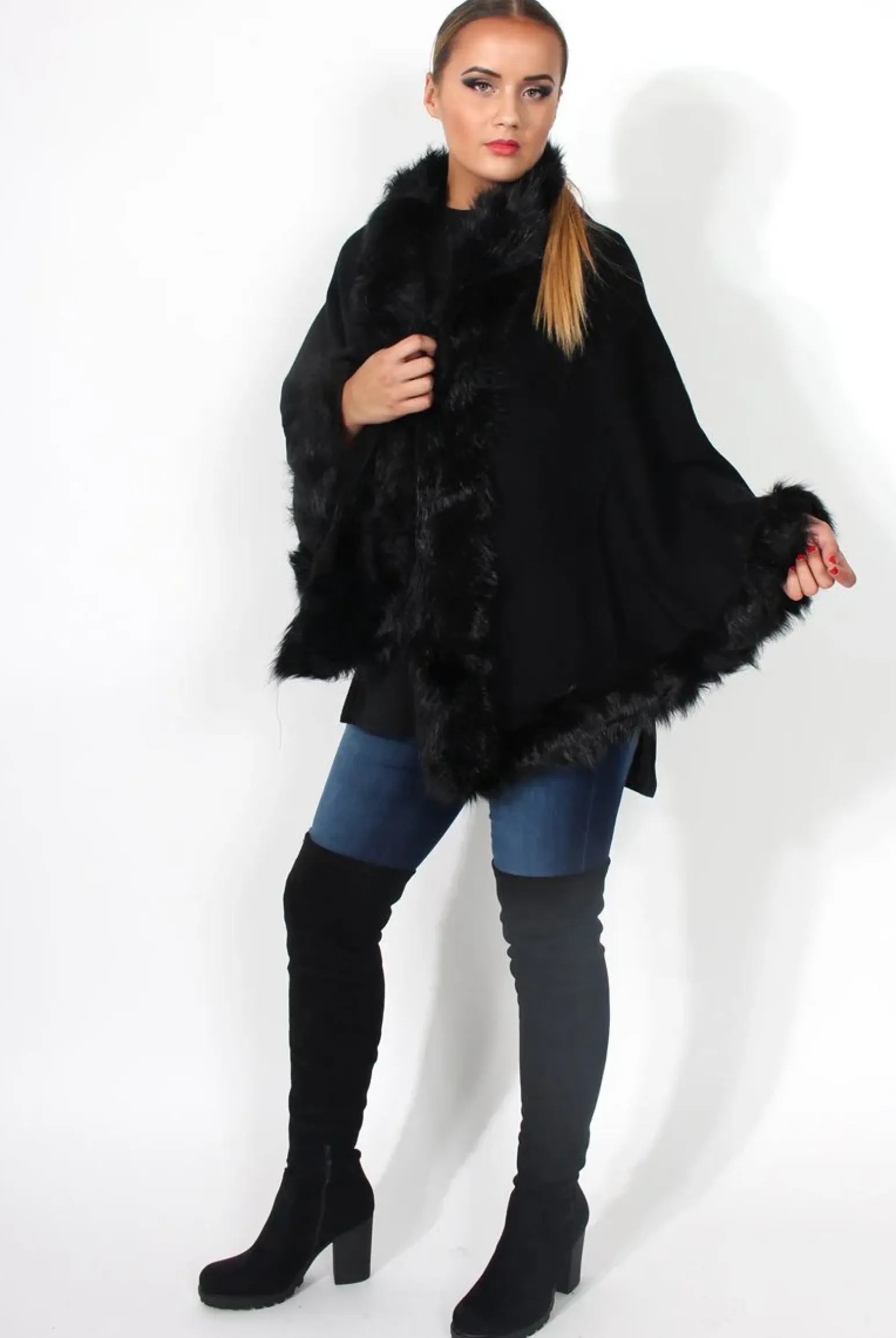 Rebellious Fashion Alena Black Faux Fur Over The Shoulder Jacket