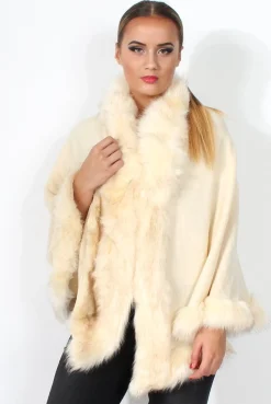 Rebellious Fashion Alena Cream Faux Fur Over The Shoulder Jacket
