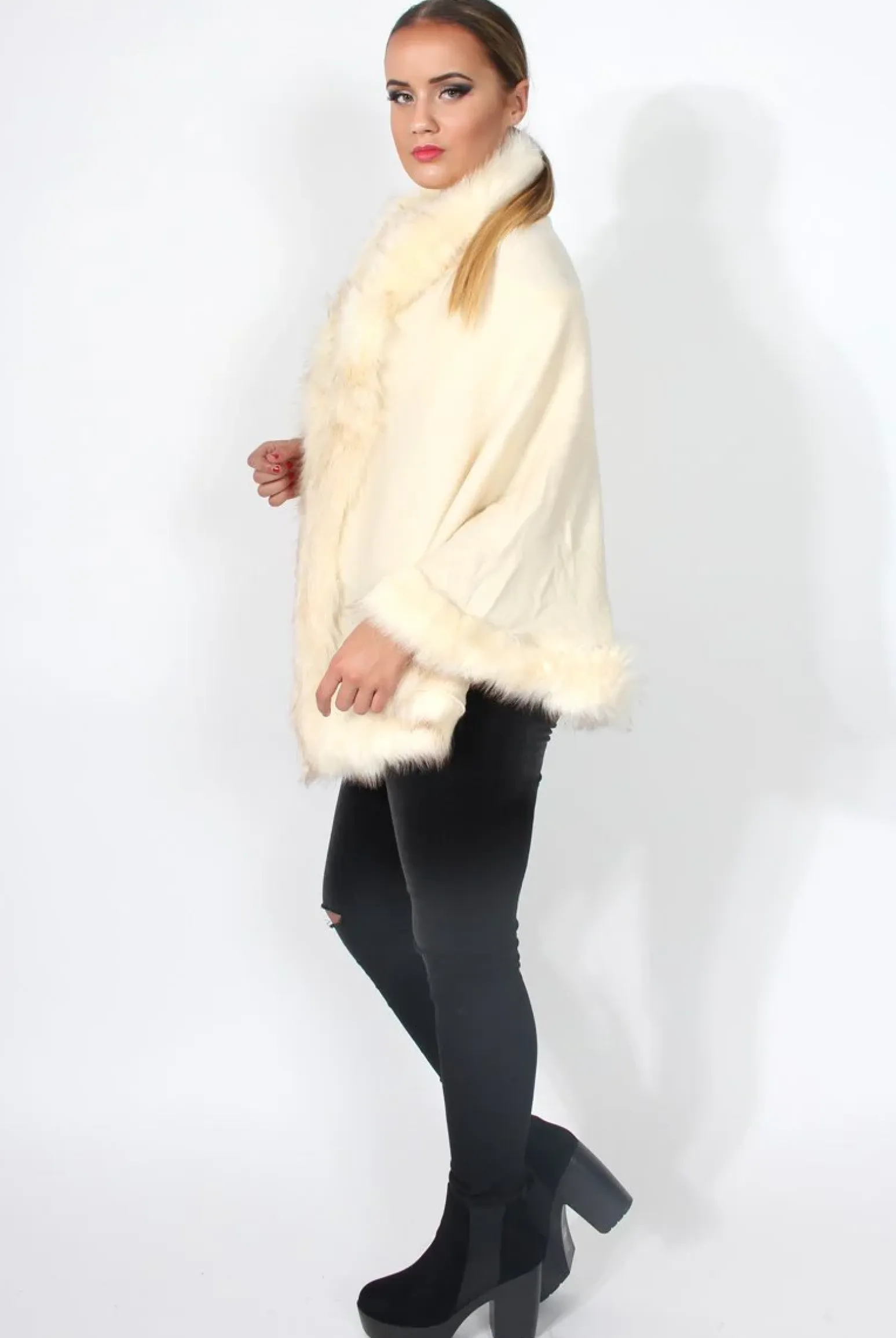 Rebellious Fashion Alena Cream Faux Fur Over The Shoulder Jacket