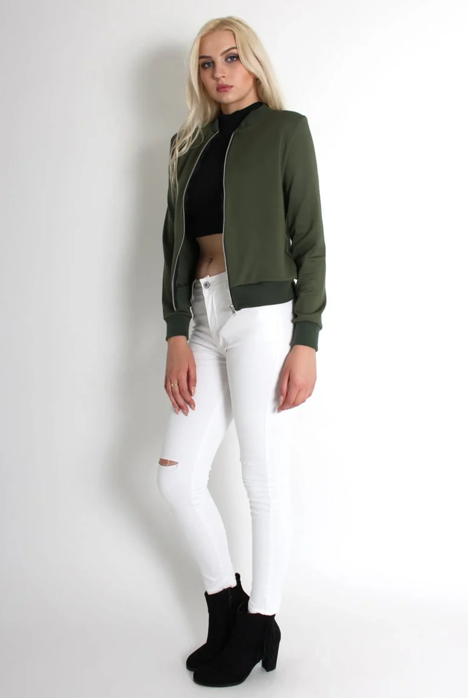 Rebellious Fashion Alexus Khaki Zip Front Bomber Jacket