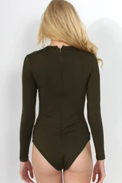 Rebellious Fashion Alia Khaki Tie Front Bodysuit
