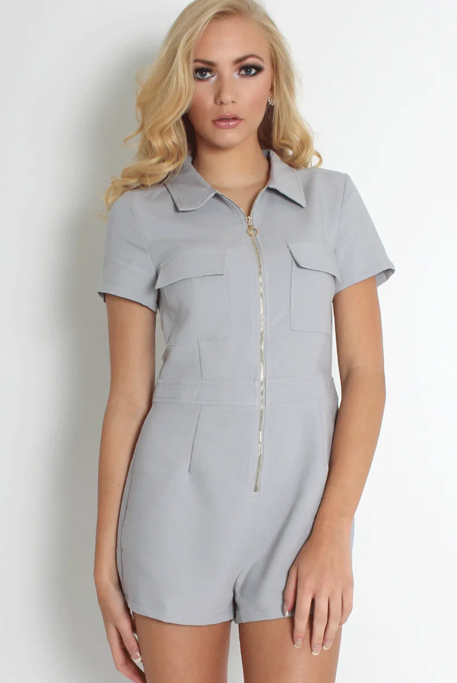 Rebellious Fashion Anita Grey Zip Front Playsuit