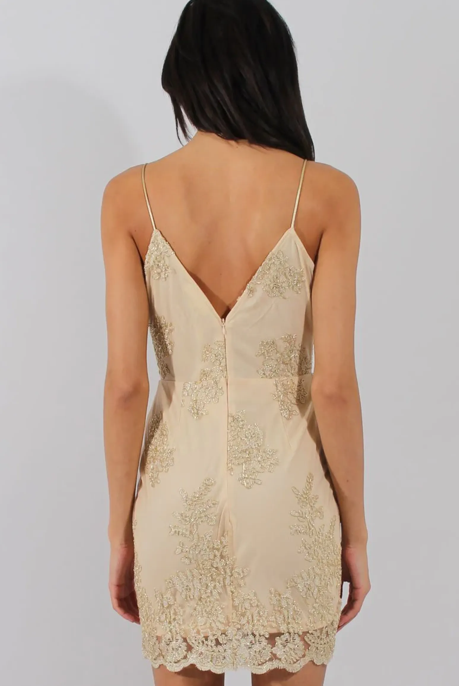 Rebellious Fashion Apricot & Gold Embellished Strappy Dress - Amal