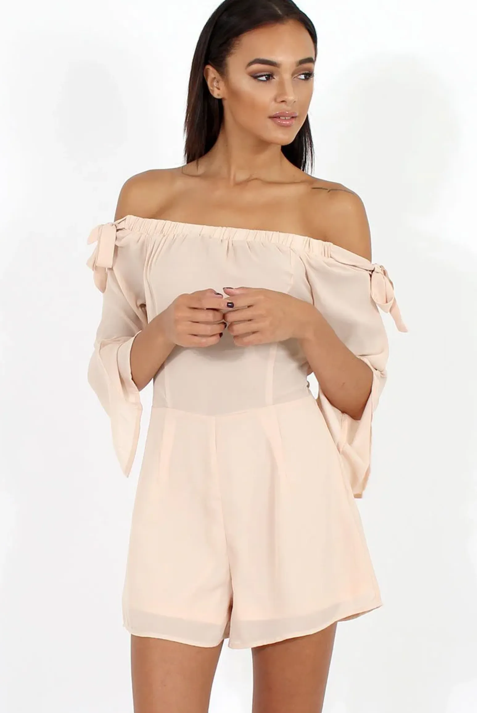 Rebellious Fashion Apricot Bardot Tie Sleeve Playsuit - Elisa