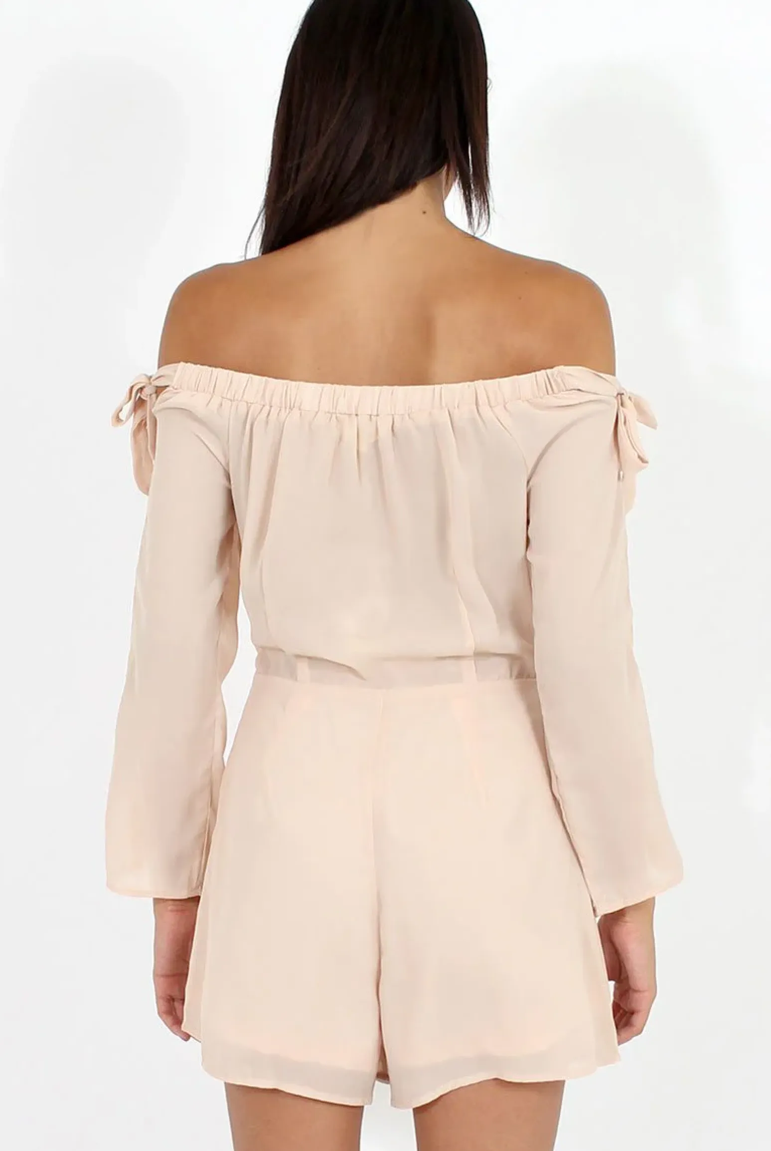 Rebellious Fashion Apricot Bardot Tie Sleeve Playsuit - Elisa