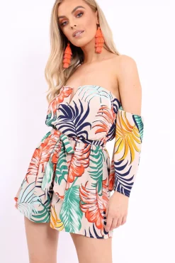 Rebellious Fashion Apricot Leaf Print Bardot Playsuit - Ursula