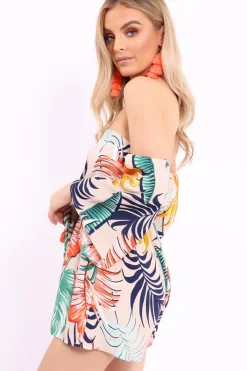 Rebellious Fashion Apricot Leaf Print Bardot Playsuit - Ursula