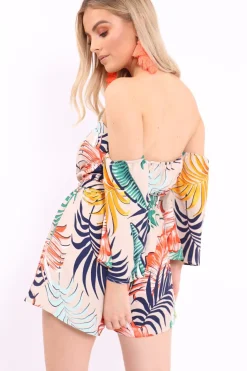 Rebellious Fashion Apricot Leaf Print Bardot Playsuit - Ursula