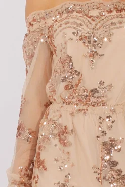 Rebellious Fashion Apricot Mesh Layer Sequin Bardot Playsuit - Leonie