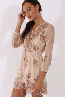 Rebellious Fashion Apricot Mesh Layer Sequin Playsuit - Rowan