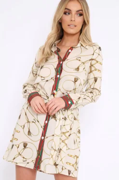 Rebellious Fashion Apricot Rope Print Shirt Dress with Red and Green Trim - Allena