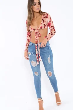 Rebellious Fashion Apricot Sheer and Velvet Floral Print Tie Crop Top - Heidey