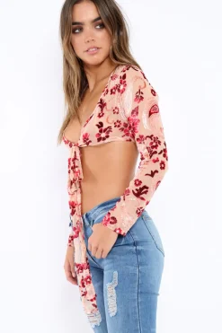 Rebellious Fashion Apricot Sheer and Velvet Floral Print Tie Crop Top - Heidey