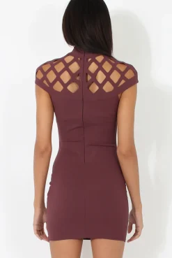 Rebellious Fashion Aubergine Cage High Neck Bodycon Dress- Kade