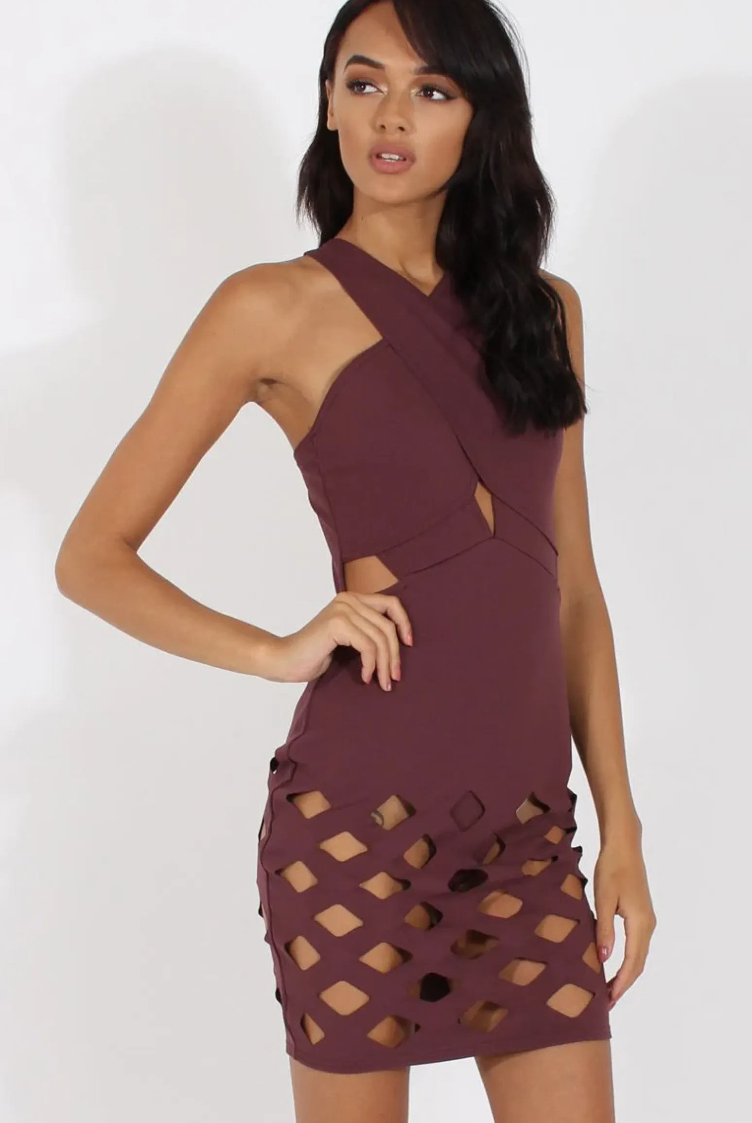 Rebellious Fashion Aubergine Cut Out Cage Dress - Petal