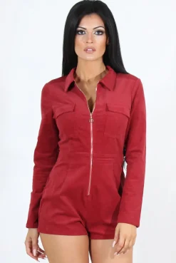 Rebellious Fashion Avah Wine Suede Zip Front Playsuit