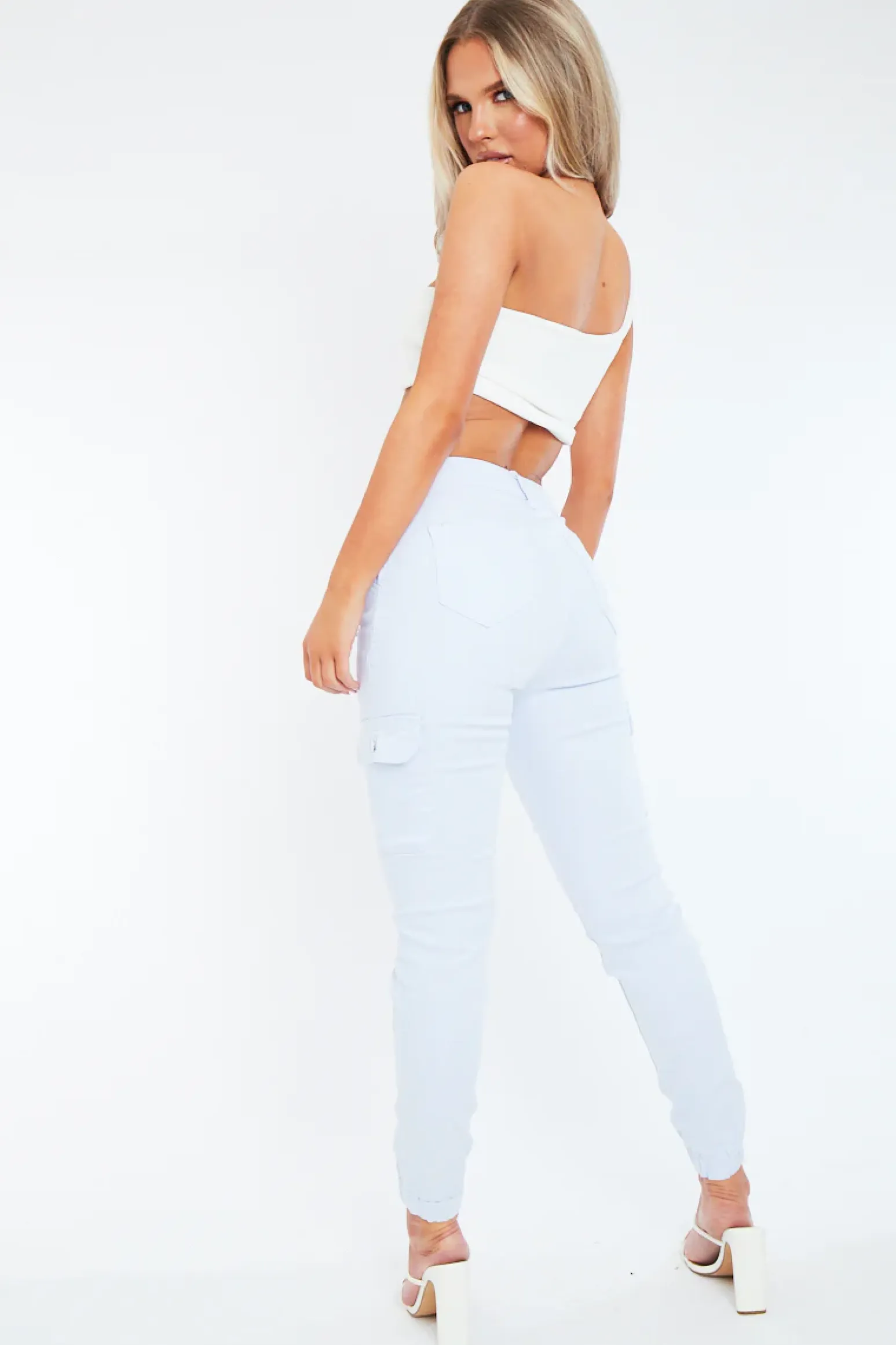 Rebellious Fashion Baby Blue Chain Detail Stretch Cargo Trousers - Nellie