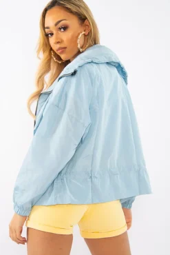 Rebellious Fashion Baby Blue Zip Front Rain Jacket - Idalie