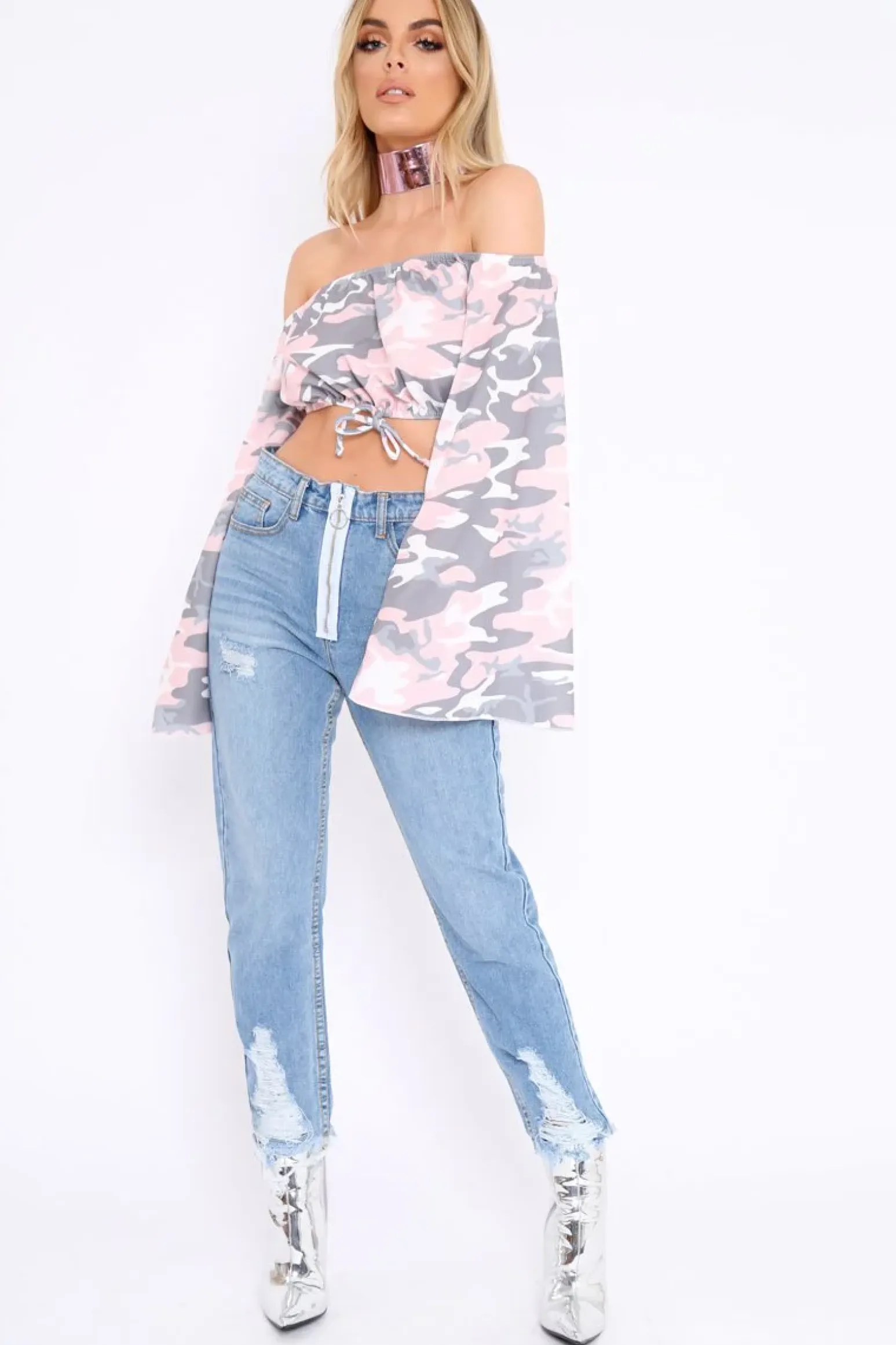 Rebellious Fashion Baby Pink Camo Extreme Flared Sleeved Crop Top - Dalis