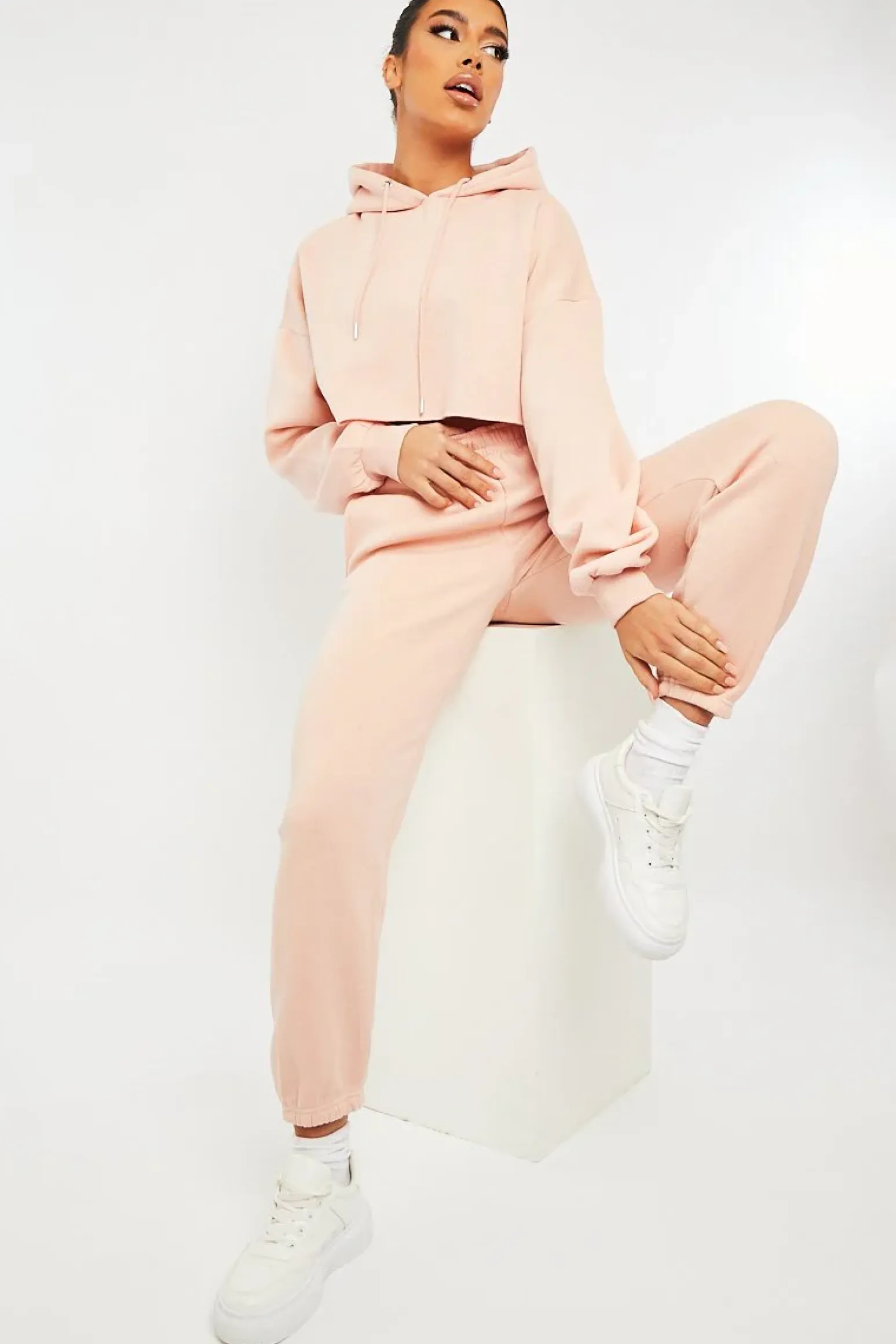 Rebellious Fashion Baby Pink Cropped Oversized Hoodie and Joggers Co-ord - Karenza