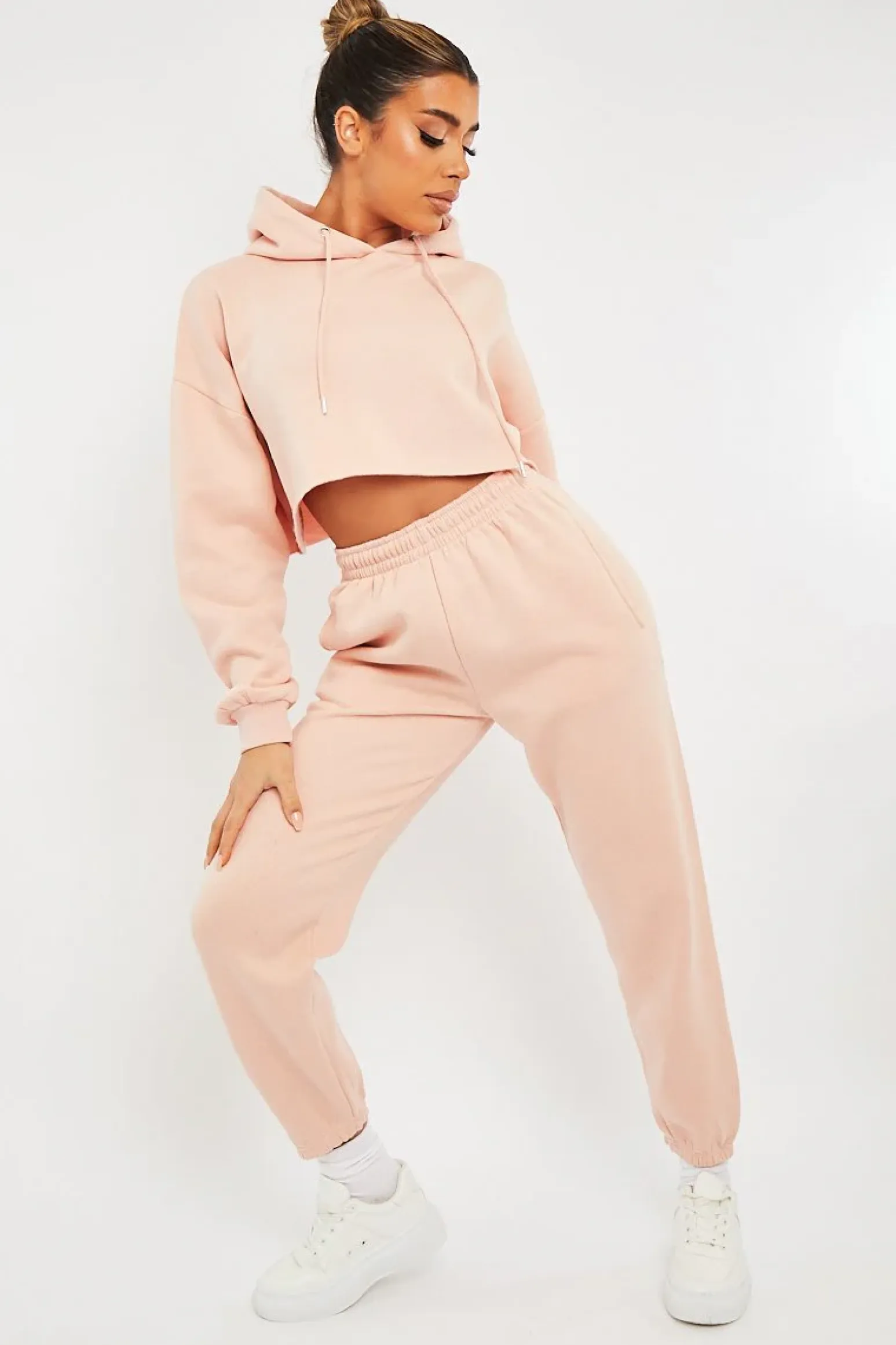 Rebellious Fashion Baby Pink Cropped Oversized Hoodie and Joggers Co-ord - Karenza