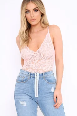 Rebellious Fashion Baby Pink Lace Cross Back Bodysuit - Brogan