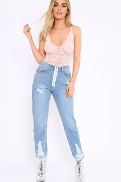 Rebellious Fashion Baby Pink Lace Cross Back Bodysuit - Brogan