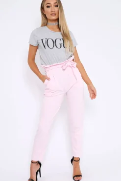 Rebellious Fashion Baby Pink Paper Bag Tie Waist Cigarette Trousers - Karmen