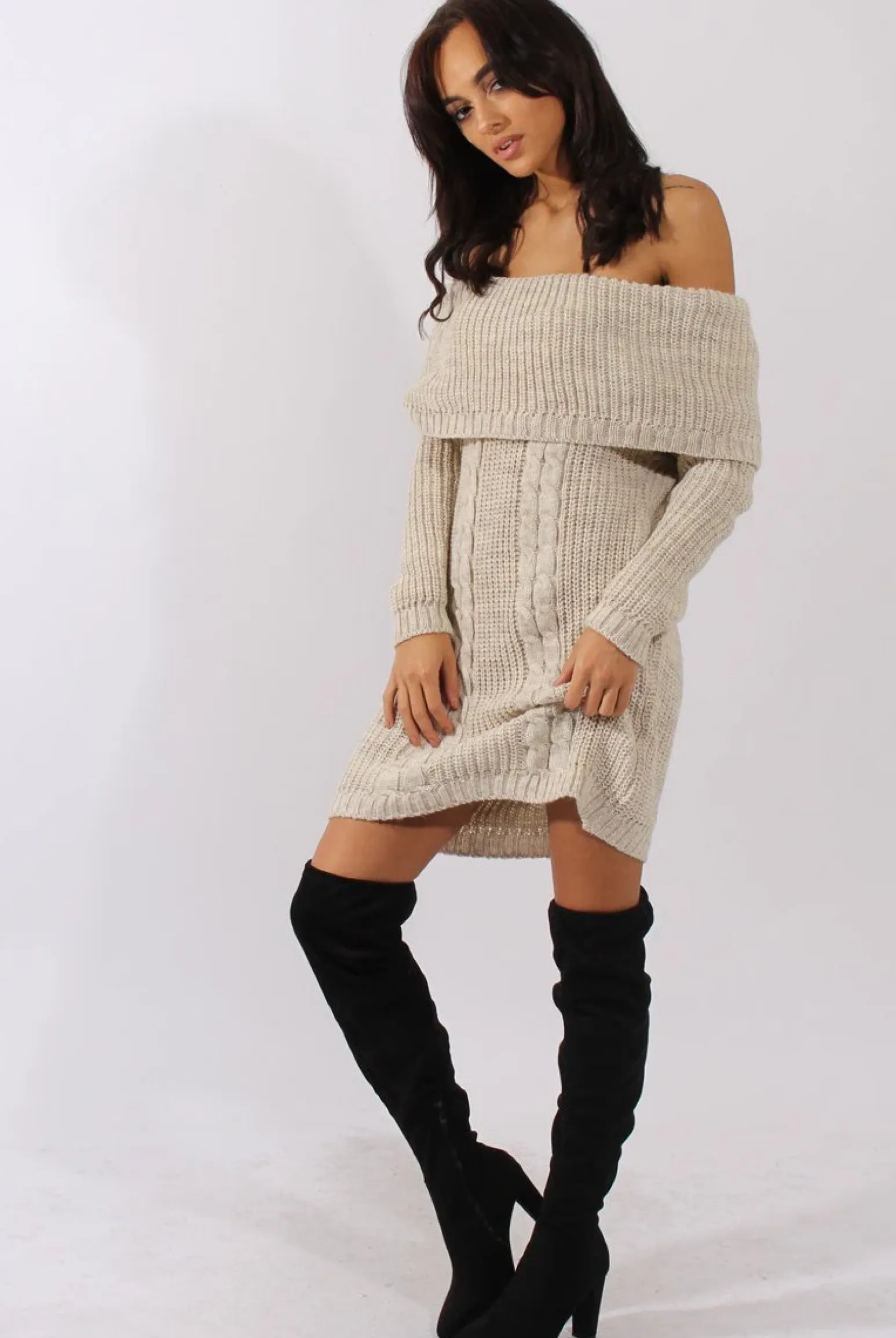 Rebellious Fashion Beige Bardot Heavy Knit Jumper Dress - Suzy