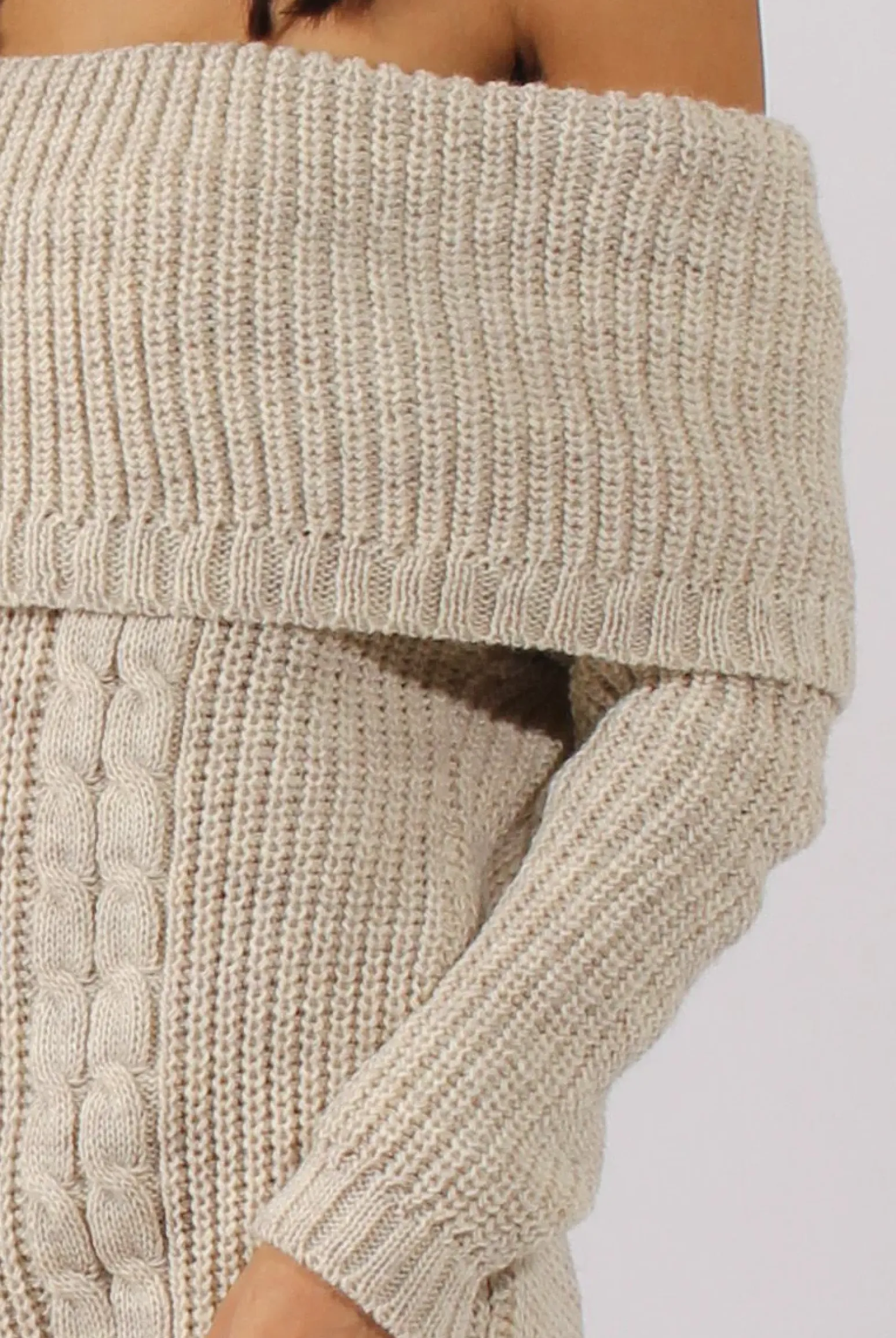 Rebellious Fashion Beige Bardot Heavy Knit Jumper Dress - Suzy