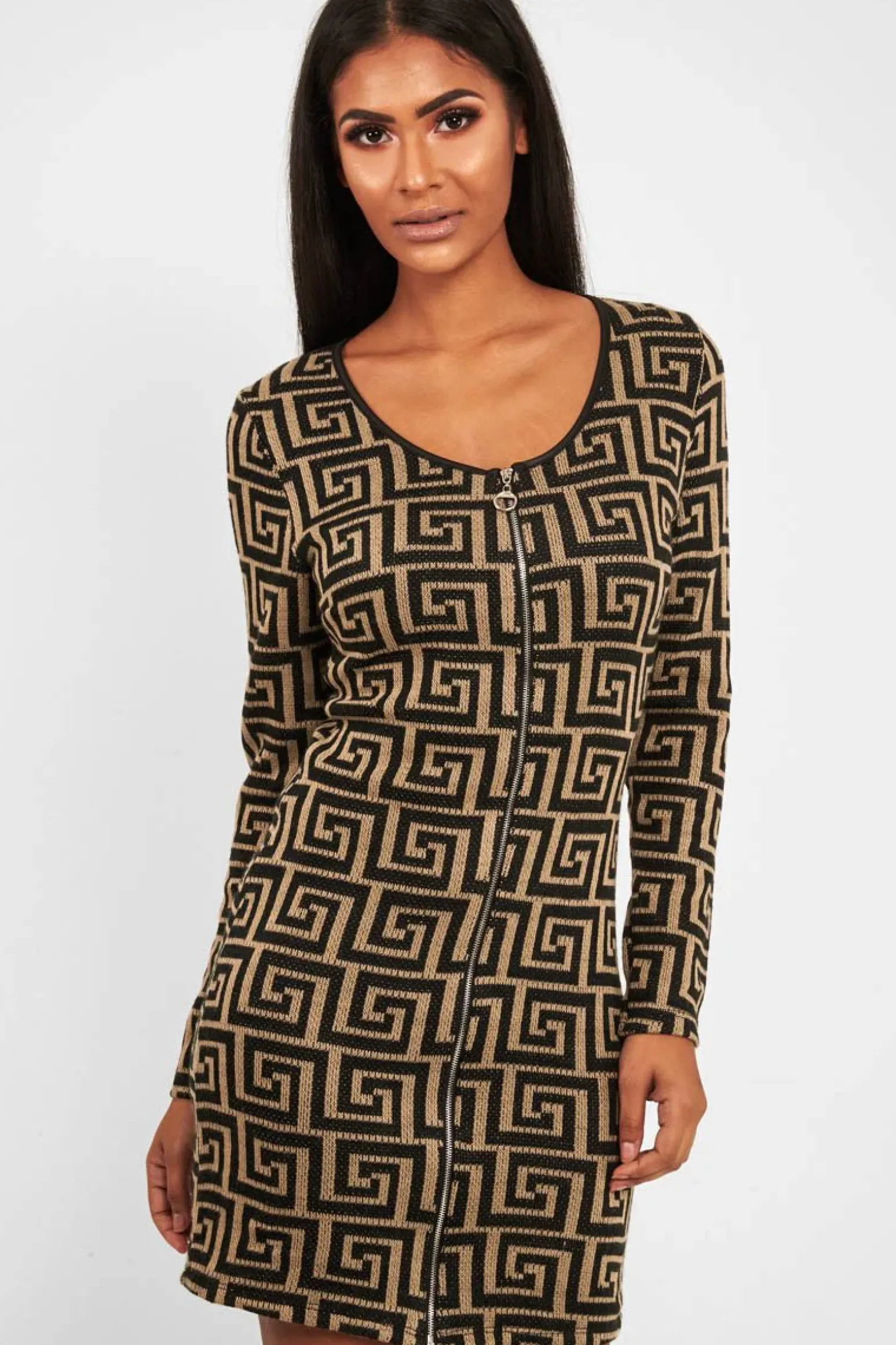 Rebellious Fashion Beige Black Repeat Pattern Knit Dress - Lauralie