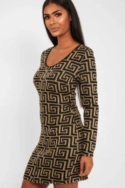 Rebellious Fashion Beige Black Repeat Pattern Knit Dress - Lauralie