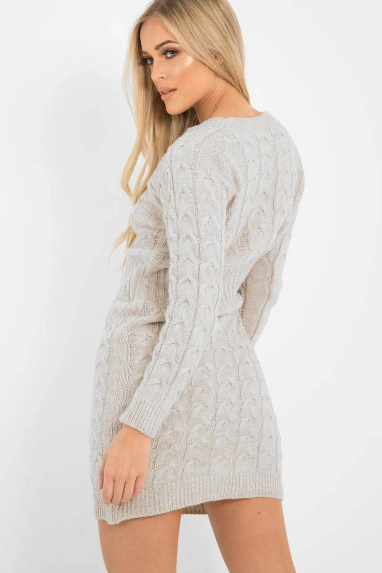 Rebellious Fashion Beige Cable Knit Jumper Midi Dress - Jaylie