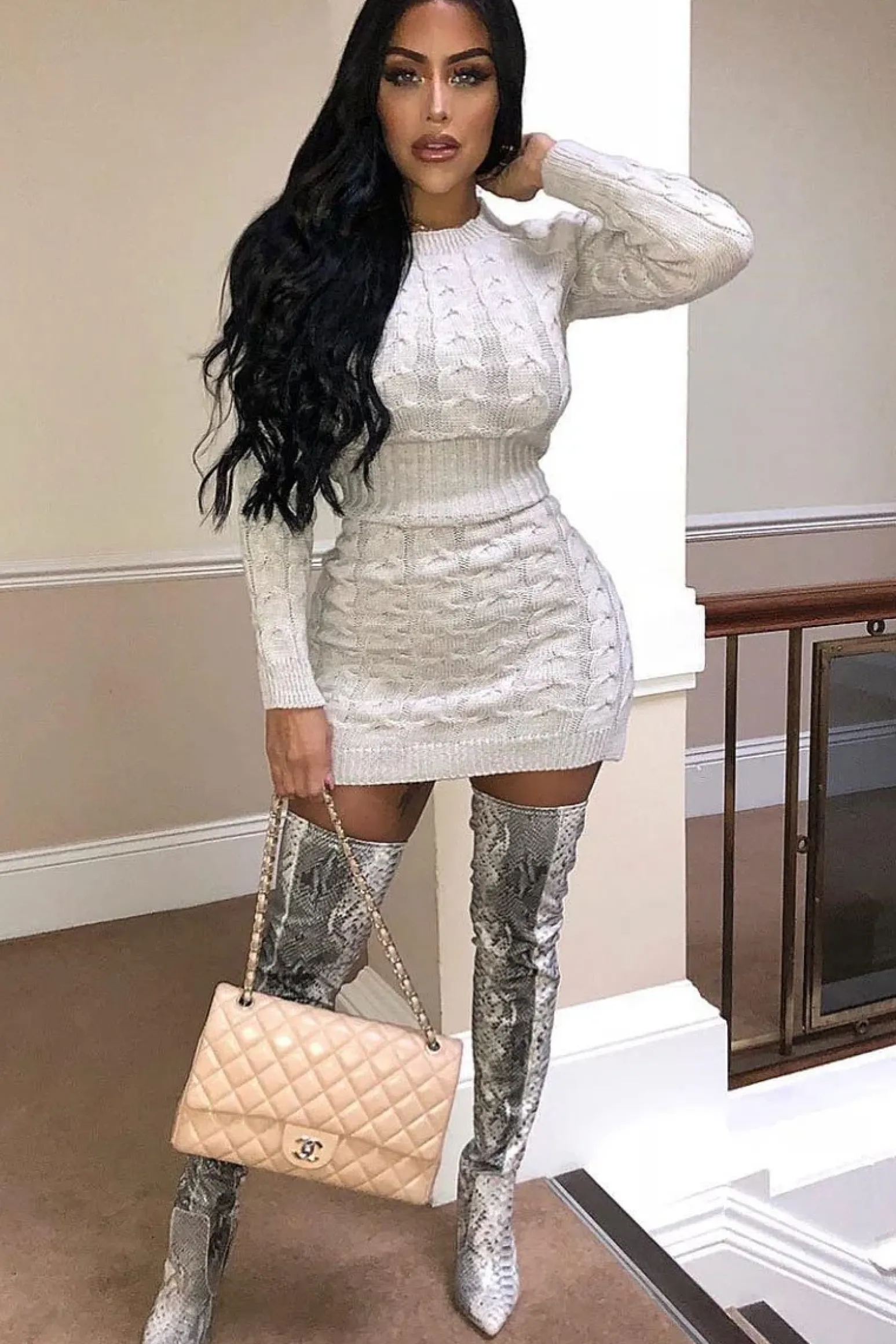 Rebellious Fashion Beige Cable Knit Jumper Midi Dress - Jaylie