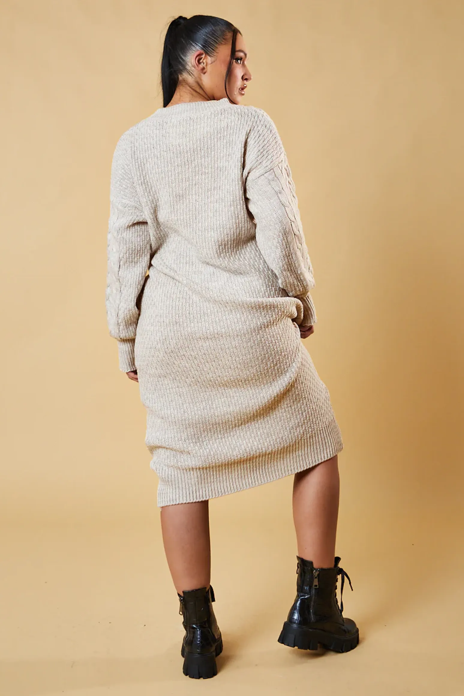 Rebellious Fashion Beige Cable Knit Oversized Midi Dress - Maple