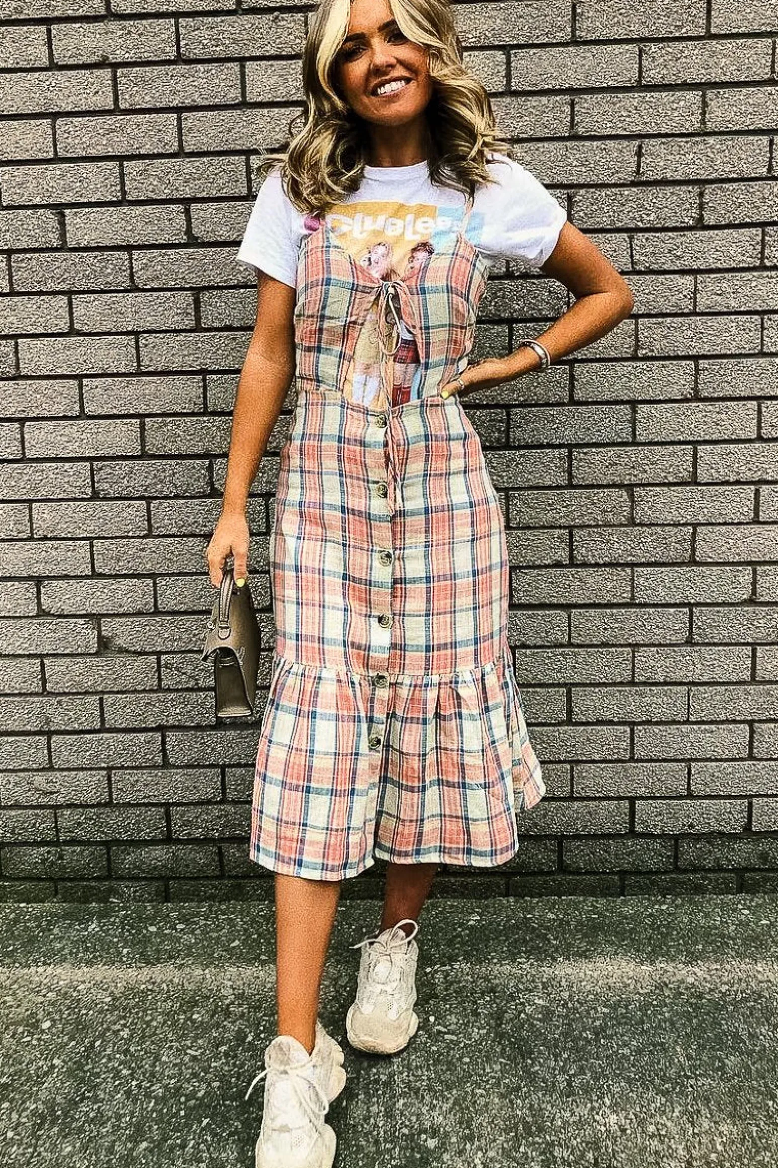 Rebellious Fashion Beige Check Tie Button Front Ruffle Hem Midi Dress - Lorenza