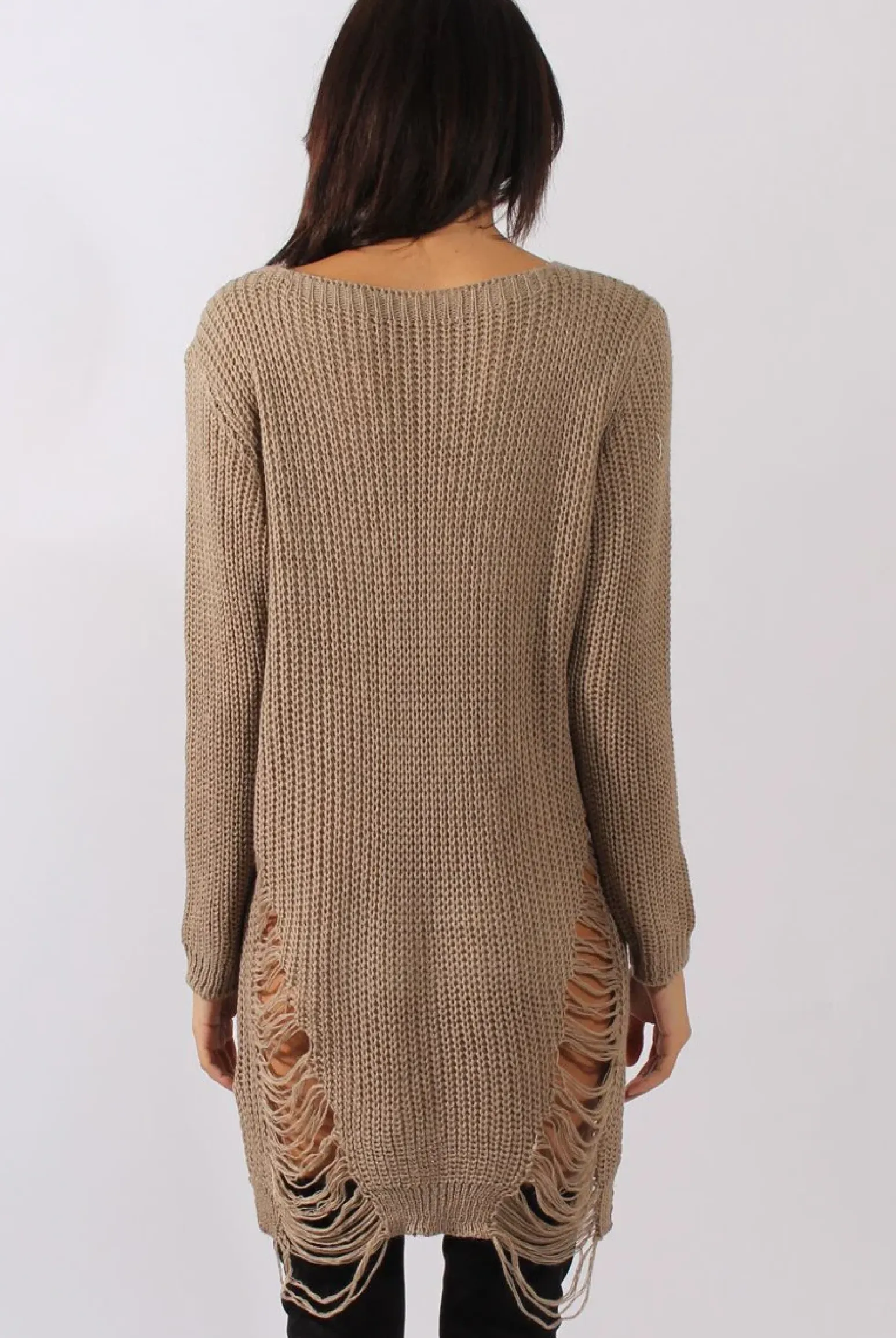 Rebellious Fashion Beige Distressed Jumper Dress - Kim