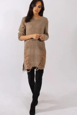 Rebellious Fashion Beige Distressed Jumper Dress - Kim