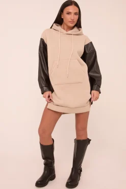 Rebellious Fashion Beige Faux Leather Long Sleeves Hooded Jumper Dress - Kary