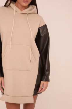 Rebellious Fashion Beige Faux Leather Long Sleeves Hooded Jumper Dress - Kary