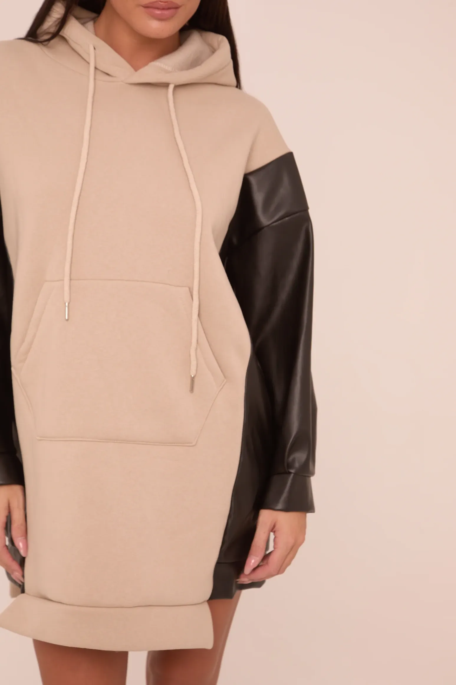Rebellious Fashion Beige Faux Leather Long Sleeves Hooded Jumper Dress - Kary