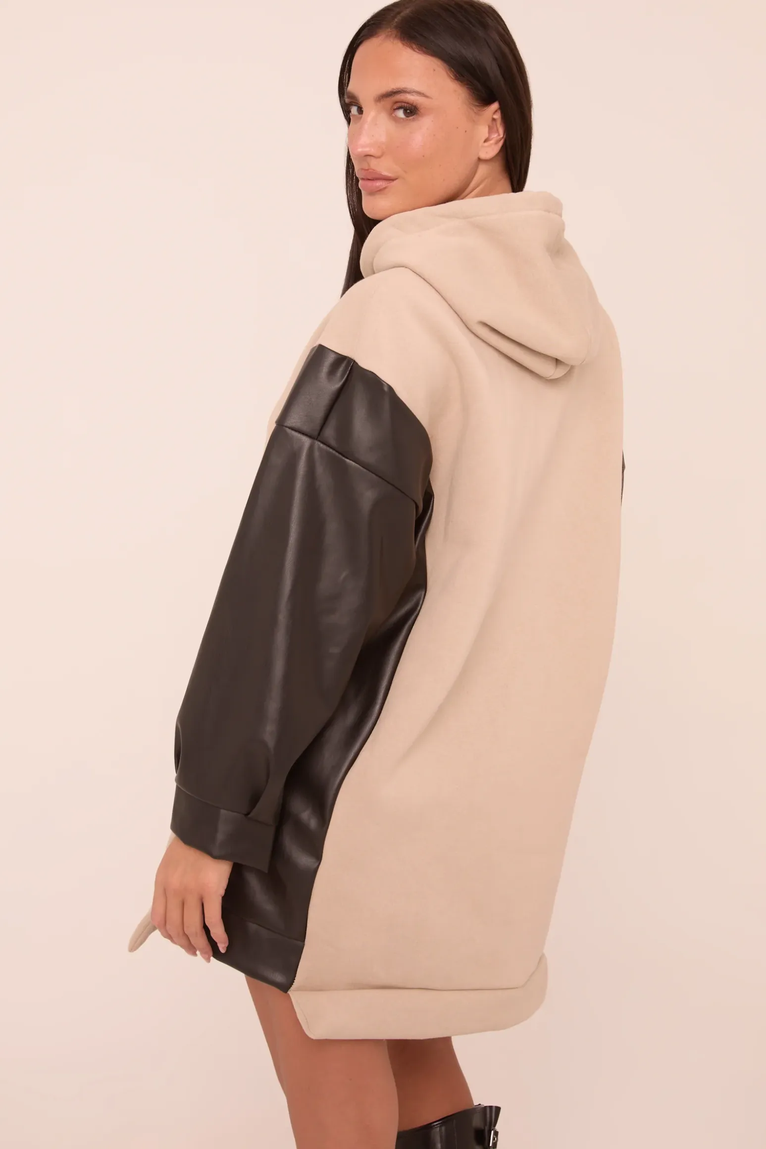 Rebellious Fashion Beige Faux Leather Long Sleeves Hooded Jumper Dress - Kary