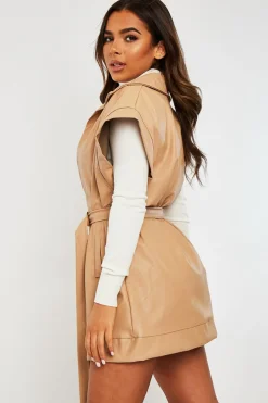 Rebellious Fashion Beige Faux Leather Plunge Belted Dress - Jaice