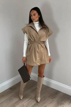 Rebellious Fashion Beige Faux Leather Plunge Belted Dress - Jaice