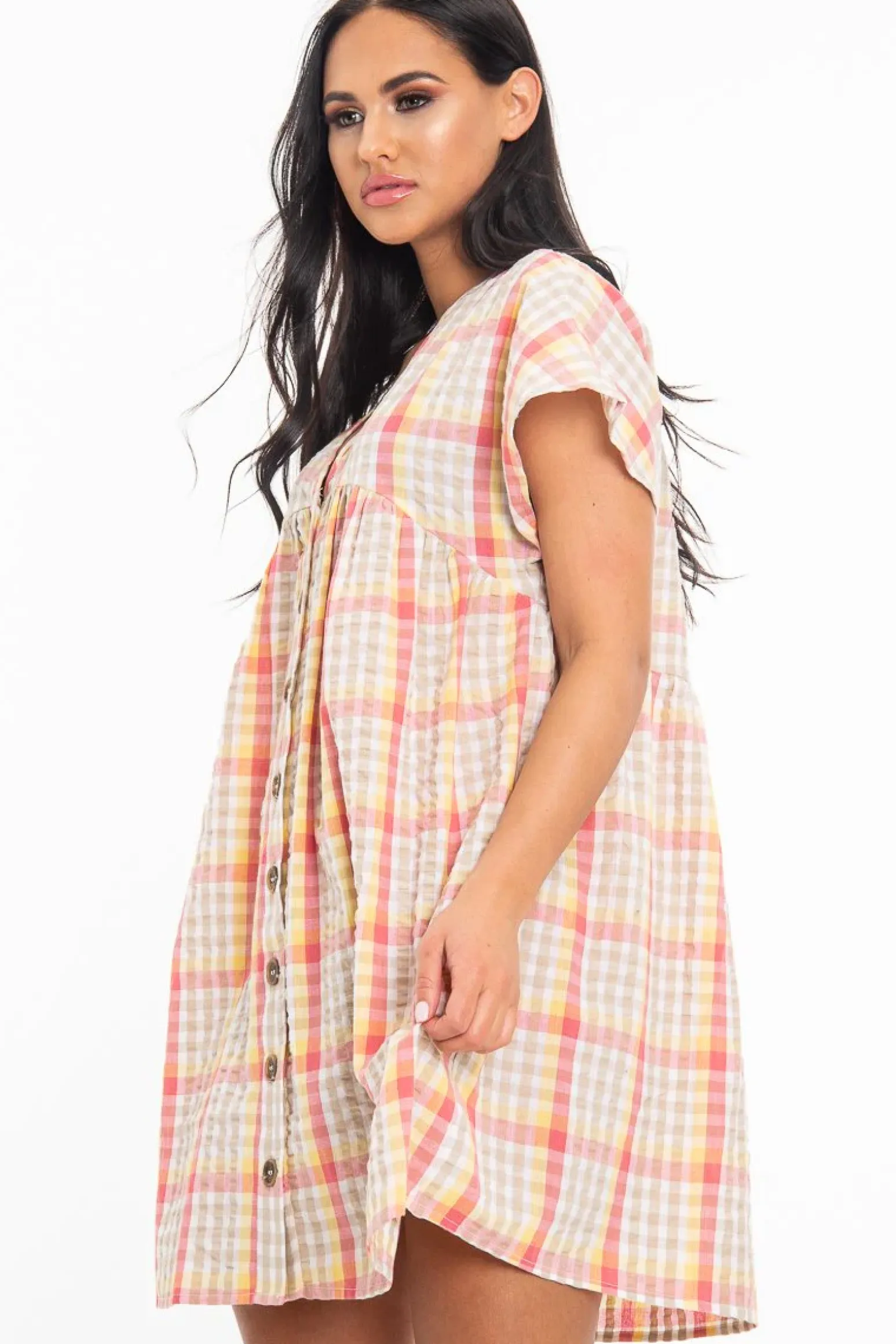 Rebellious Fashion Beige Gingham Plunge Button Front Woven Smock Dress - Sianna