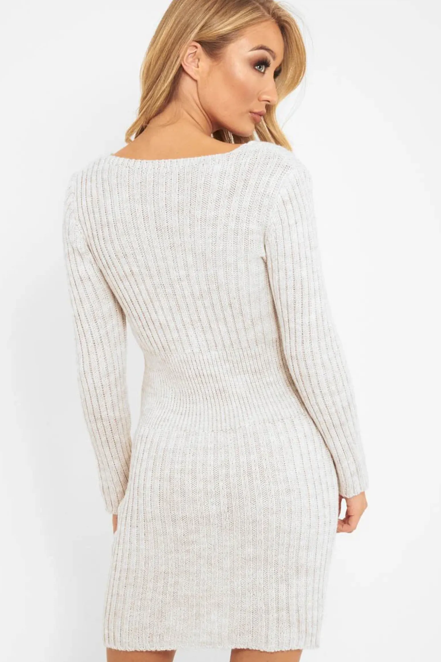 Rebellious Fashion Beige Knit Plunge Button Front Jumper Dress - Cariah