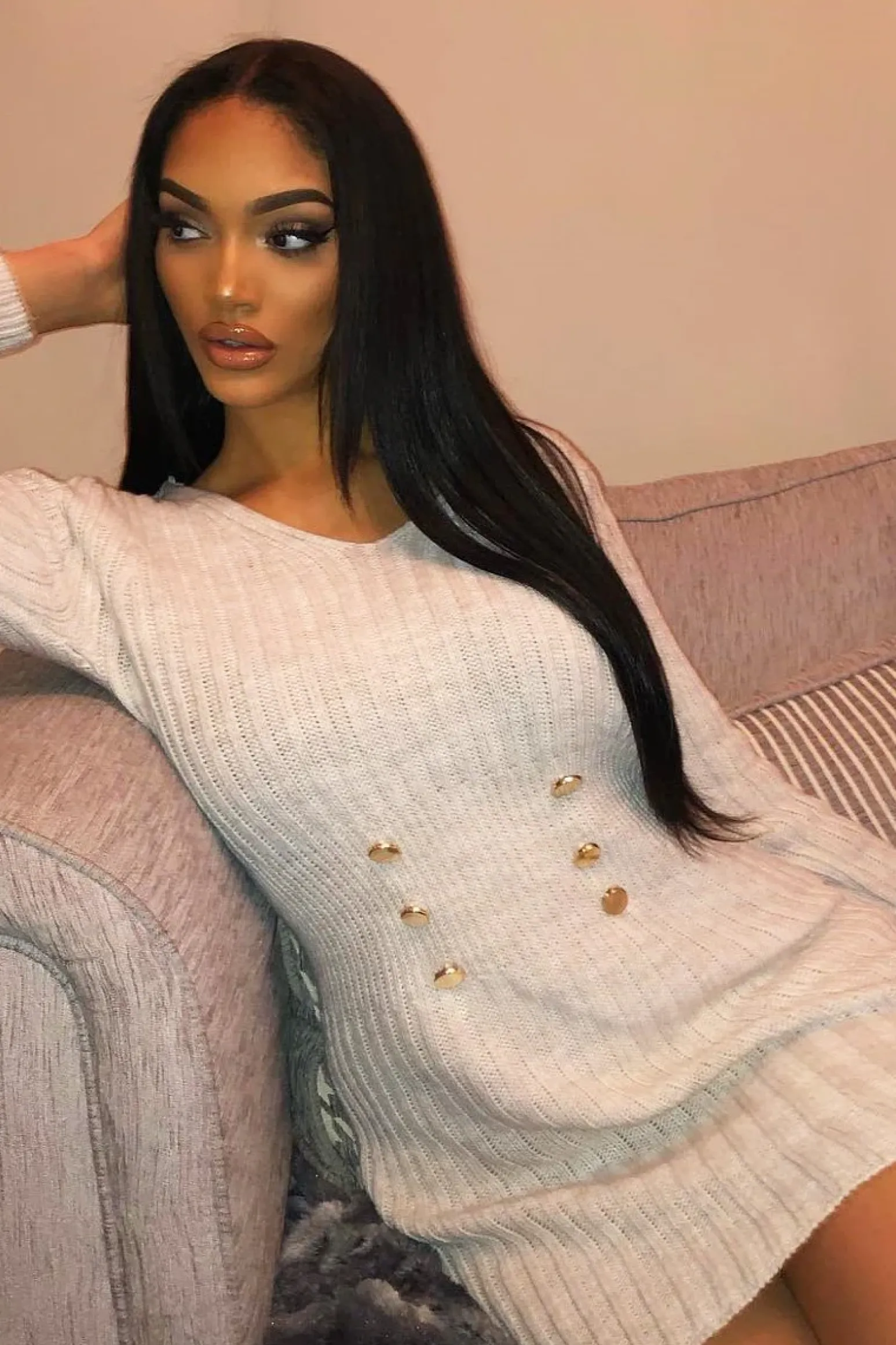 Rebellious Fashion Beige Knit Plunge Button Front Jumper Dress - Cariah