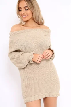 Rebellious Fashion Beige Knitted Bardot Jumper Dress with Elasticated hems - Kirsty
